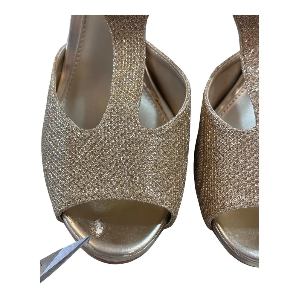 Fioni Night Gold Shimmer Peep Toe Platform Stiletto Heels Womens 6.5 M Zip Party